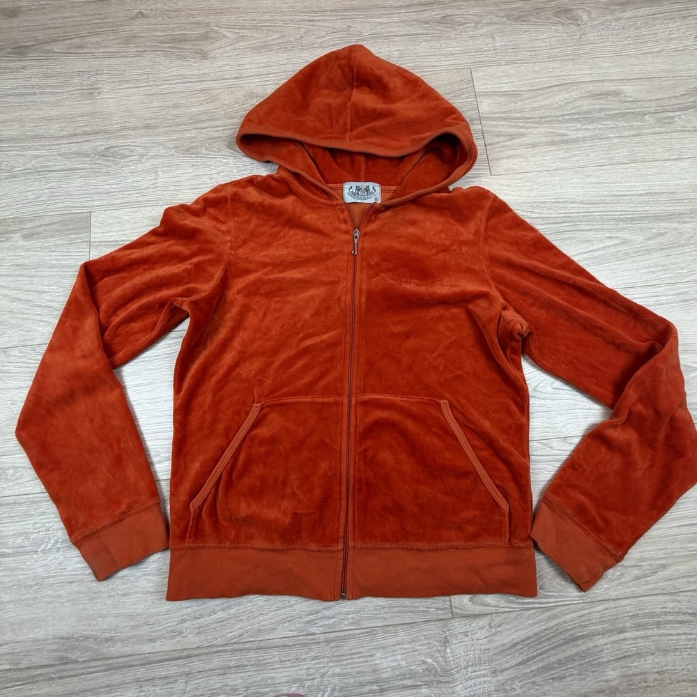 Vintage Y2K Juicy Couture Velour Hoodie Zip Up Jacket Coral Orange XL Made‎ USA